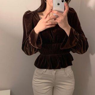 Bell-sleeve Velvet Blouse Coffee - One Size