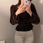 Bell-sleeve Velvet Blouse Coffee - One Size