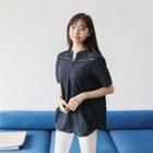 Open-placket Perforated Short-sleeve Top (l~xxl)