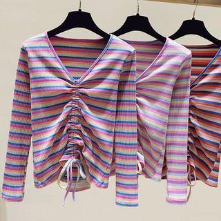 Rainbow Striped Drawstring Long-sleeve T-shirt
