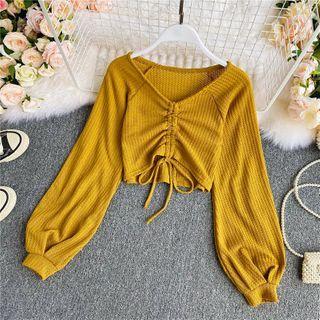 V-neck Plain Skinny Drawstring Long-sleeve Crop Top