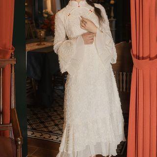 Bell-sleeve Mandarin-collar Fluffy Midi Dress
