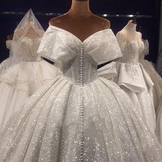 Short-sleeve Off-shoulder Glitter Wedding Ball Gown