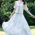Set: Camisole + Short-sleeve Blouse + Floral Print Midi A-line Skirt