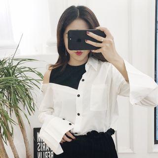 Cutout Shoulder Mock Two-piece Long-sleeve Blouse