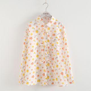 Floral Print Tie-front Shirt Floral - Yellow & Orange & White - One Size