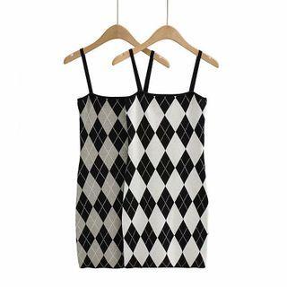 Spaghetti-strap Argyle Knit Mini Sheath Dress