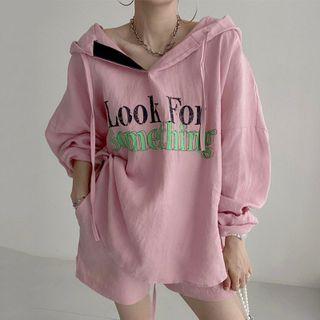 Set: Lettering Print Hoodie + Shorts