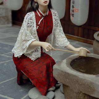 Short-sleeve Floral Print Qipao / Lace Cardigan