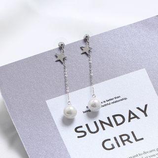 925 Sterling Silver Star Faux Pearl Drop Earring 1 Pair - Silver - One Size