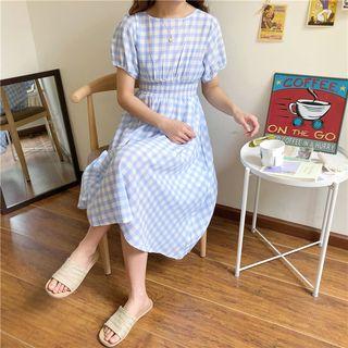 Checked Tie-back Short-sleeve Midi A-line Dress