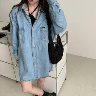 Long-sleeve Cargo Denim Top Blue - One Size