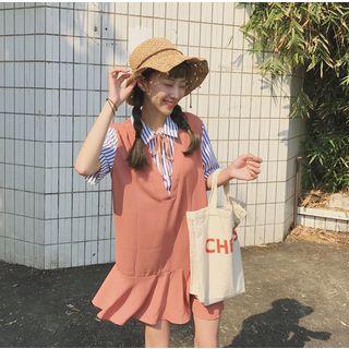 Striped Panel Elbow Sleeve Collared Dress