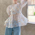Short-sleeve Dotted Bow-back Organza Top