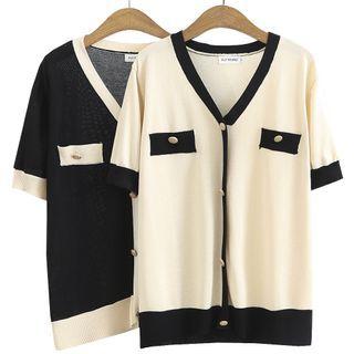 Short-sleeve V-neck Contrast Trim Knit Top