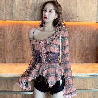 Cold-shoulder Long-sleeve Plaid Top