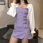 Long-sleeve Gingham Panel Mini Dress