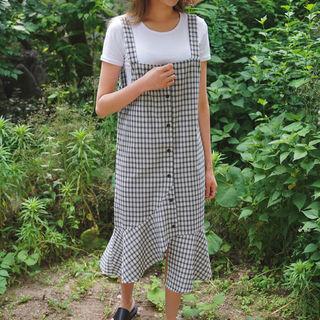 Set: Short-sleeve T-shirt + Ruffle-hem Plaid Pinafore Dress