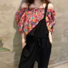 Puff-sleeve Off-shoulder Floral Print Top / Wide Leg Dungaree Shorts