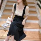 Short Sleeve Square Neck Mock Two Piece A-line Dress