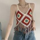 Fringed Hem Crochet Knit Cropped Camisole Top