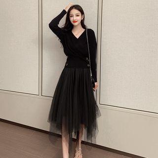 V-neck Sweater / Sheer Midi Skirt / Set