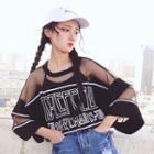 Lettering Mesh Panel 3/4 Sleeve Long T-shirt