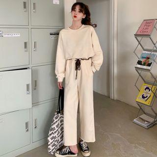 Set: Round Neck Pullover + Drawstring Waist Straight-cut Pants