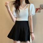 Puff Short-sleeve Square-neck Color Block Chiffon Panel Knit Top