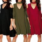 Off-shoulder V-neck Halter Plain Sheath Dress