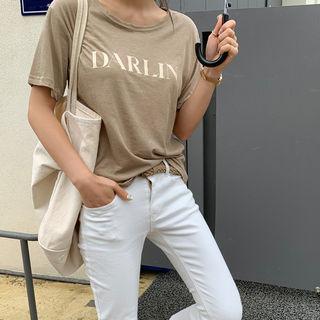 Round-neck Letter Print T-shirt Beige - One Size