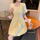 Set: Puff-sleeve Square-neck A-line Dress + Floral Crossbody Bag