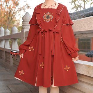 Square-neck Ruffle Trim Embroidered Midi A-line Dress