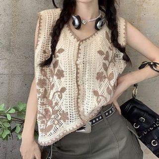 Floral Sweater Vest Coffee & Beige - One Size