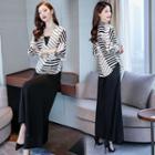 Set: 3/4-sleeve Striped Blouse + Wide-leg Pants