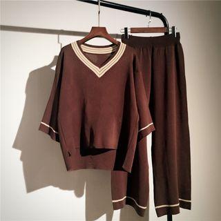 Set: Contrast Trim 3/4-sleeve Knit Top + Wide-leg Knit Pants