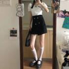Bow Detail Short-sleeve Blouse / High-waist Mini A-line Skirt