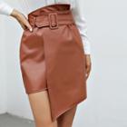 Plain High Waist Asymmetric Faux Leather Skirt