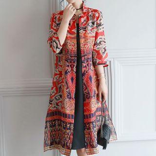 Mock Two-piece Patterned Long-sleeve Chiffon Dress