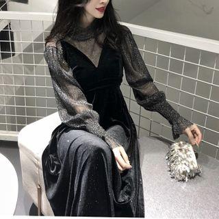 Set: Glitter Lantern-sleeve Blouse + Midi Pinafore Dress