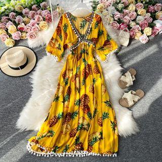Pineapple Printed Short-sleeve Maxi Dress