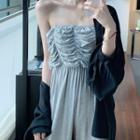 Crinkled Wide-leg Tube Jumpsuit / Long-sleeve Shirt