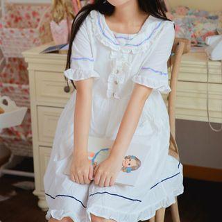 Ruffle Trim Short-sleeve A-line Dress White - One Size