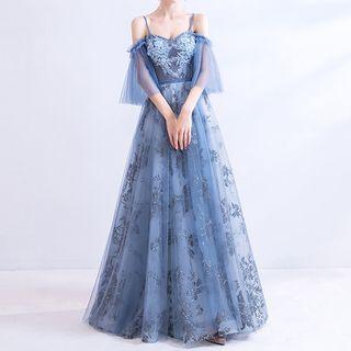 Flower Detail Cold-shoulder A-line Evening Gown