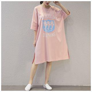 Elbow-sleeve Dolphin Print Midi T-shirt Dress