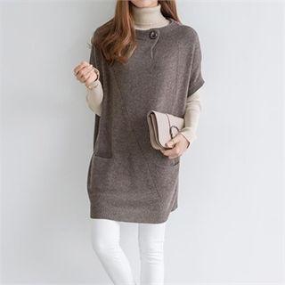Buttoned-neck Batwing-sleeve Long Knit Top