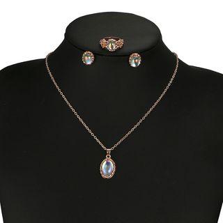 Set Of 3: Retro Bead Earring / Pendant Necklace / Ring Gold - One Size
