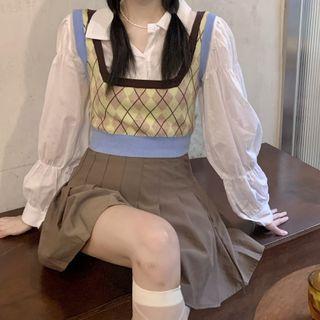 Argyle Sweater Vest / Pleated Mini Skirt