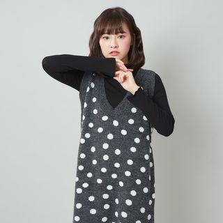 Polka Dot Knit Pinafore Dress Black - One Size