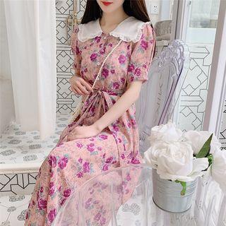 Short-sleeve Floral Buttoned Chiffon A-line Midi Dress